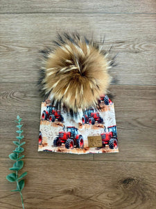 Tuque à pompon tracteur rouge